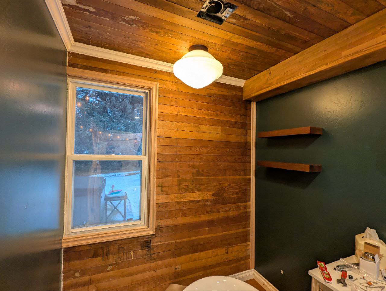 Shelves and ceiling light