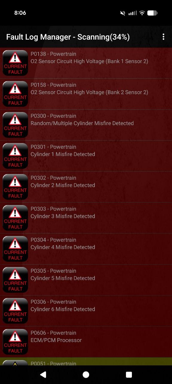 First scan: P0300 random misfire, P0301-P0306 every cylinder, P0606 ECM processor.
